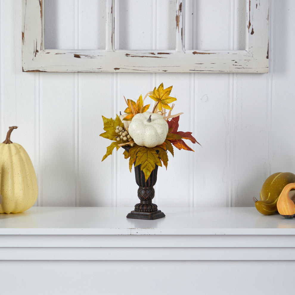 13" Fall Pumpkin and Berries Artificial Autumn Arrangement, Decorative Urn