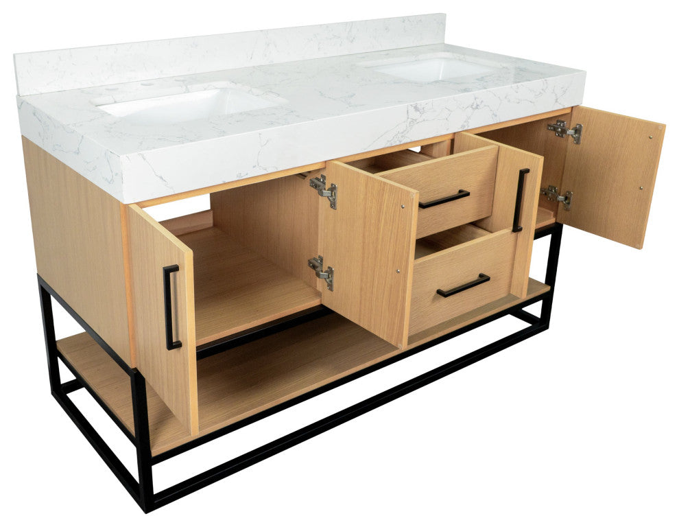 Ellis 60" Bathroom Vanity, Blonde, Top: Engineered Marble, Double Sink