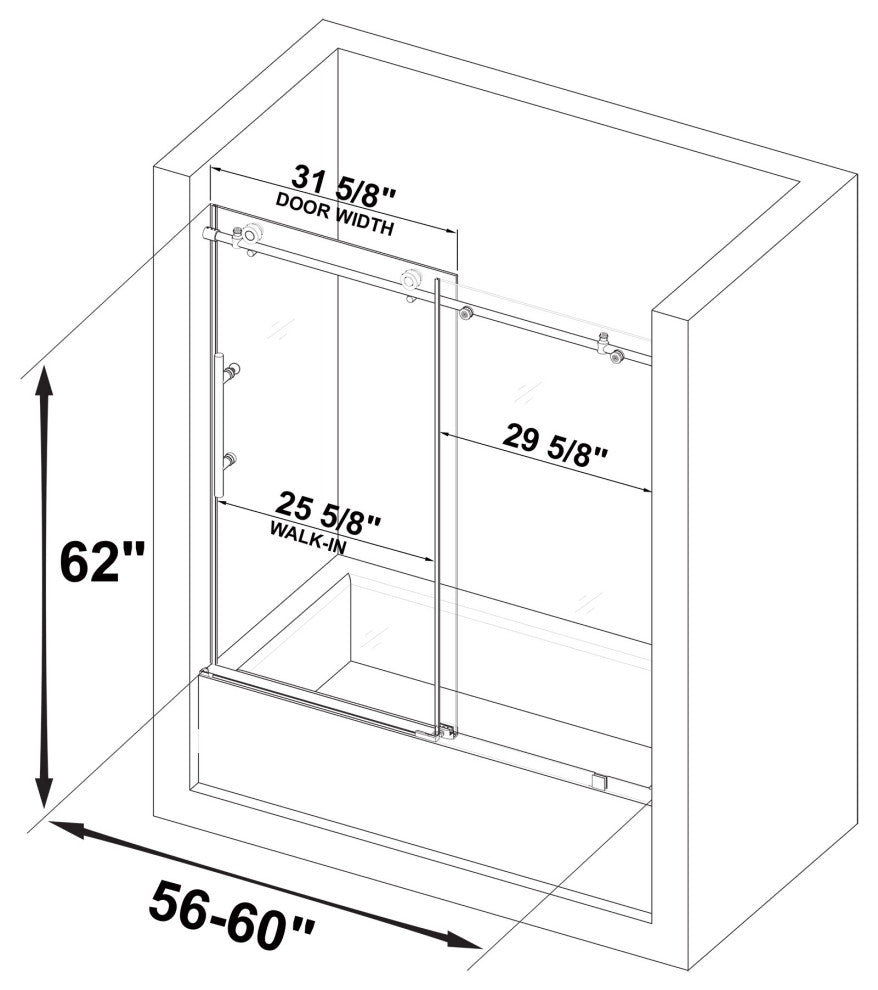 Woodbridge Frameless Brushed Stainless Steel Sliding Tub Door, 56"- 60"x62"