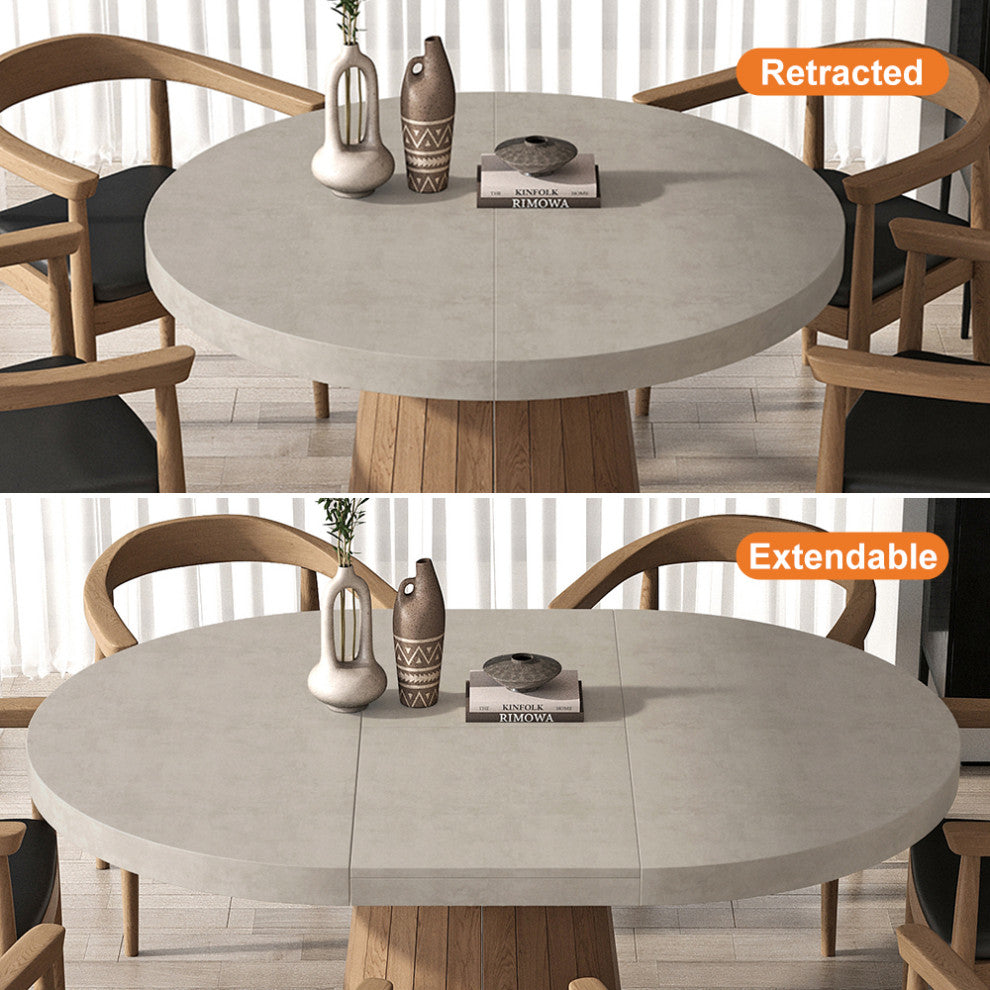 Japandi Extendable Dining Table 39"-55" Whitewash 6-Seater Oval&Round Pedestal, Gray