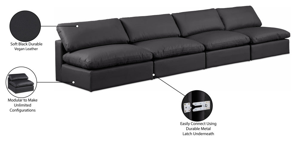 Comfy Upholstered Modular Sofa, Black, 4-Piece: 4 Armless Chair, Vegan Leather