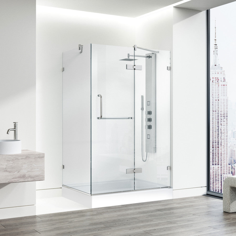 VIGO Monteray 32"D x 48"W x79"H Frameless Shower Enclosure, Nickel, Right Base