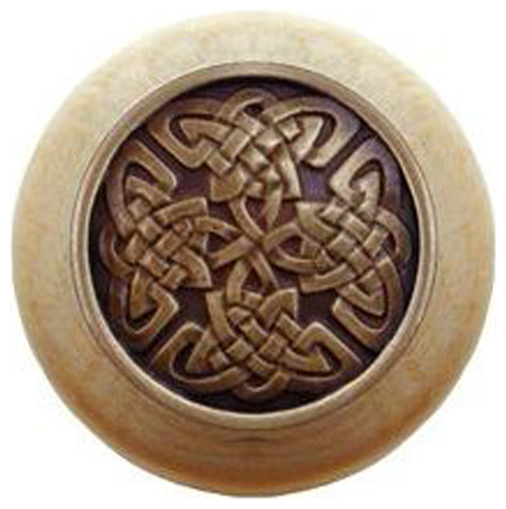 Celtic Isles Natural Wood Knob, Unfinished With Antique-Style Brass