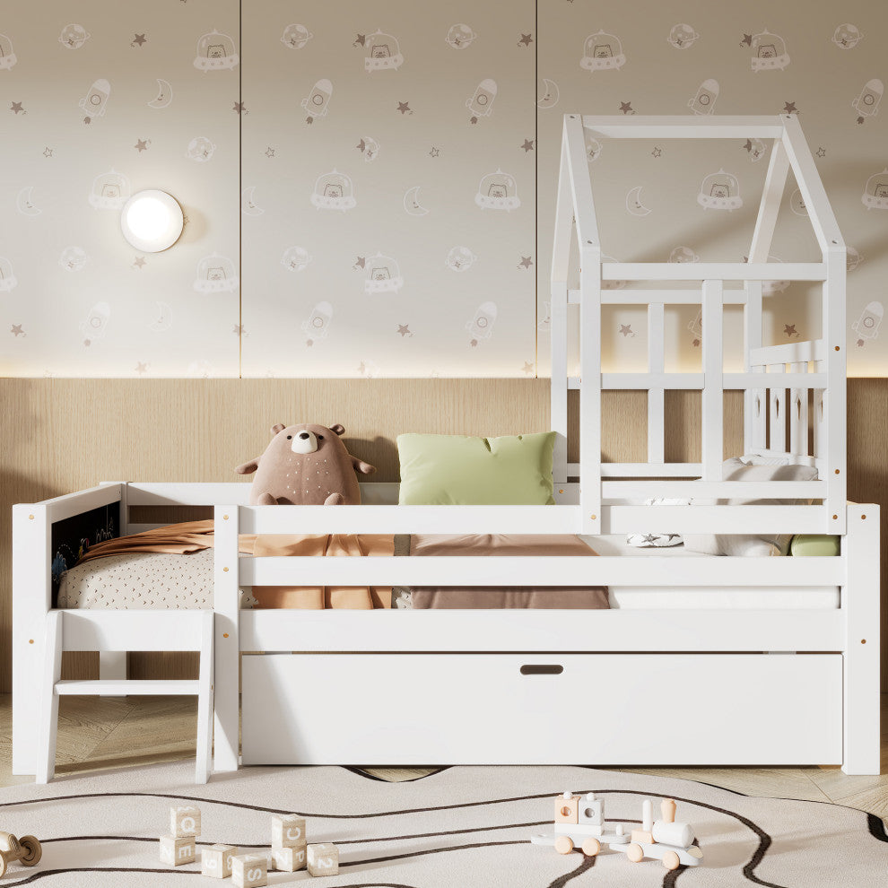 Gewnee Twin Size House Bed with Ladder and Storage Drawers for Kid Bedroom