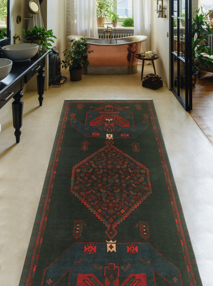 Fine Vintage Distressed Anglesey Black/Navy Runner, 3'7x9'1