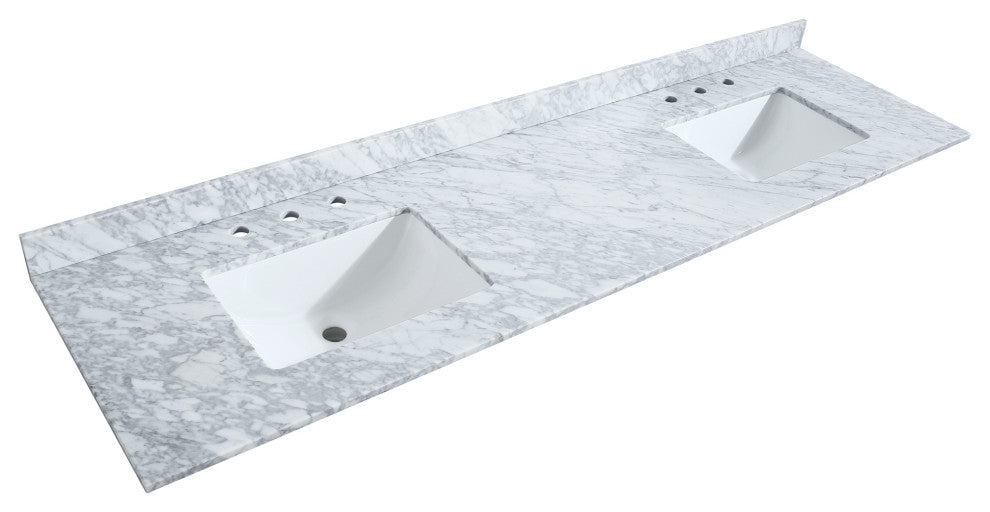 80"DBL Bath Vanity White, Carrara Countertop, Sinks, Gold Trim, 70" Mirror