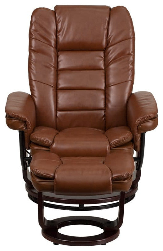 Leather Recliner and Ottoman, Mahogany Wood Base, Brown Leather