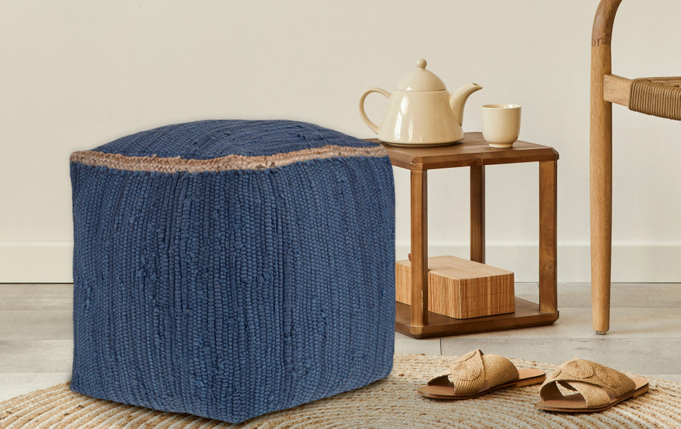 Devon Indigo Traditional Solid Handmade Cotton Blend Cube Pouf, 18"x18"x18"