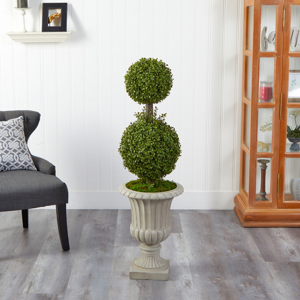 4'' Double Boxwood Topiary Artificial Tree, Sand Finished Urn