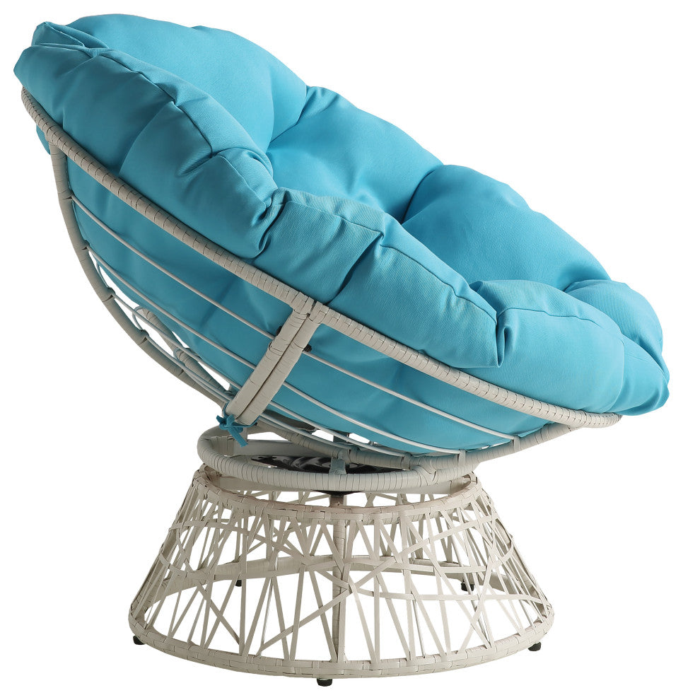 Papasan Chair With Blue Round Pillow Cushion and Cream Wicker Weave