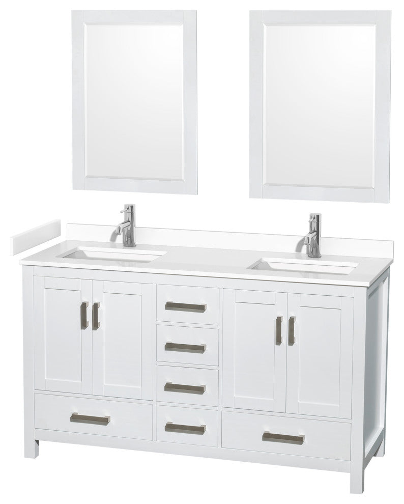 60"DBL Bathroom Vanity White, White Cult. Marble Countertop, Sinks, 24" Mirrors