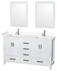 60"DBL Bathroom Vanity White, White Cult. Marble Countertop, Sinks, 24" Mirrors
