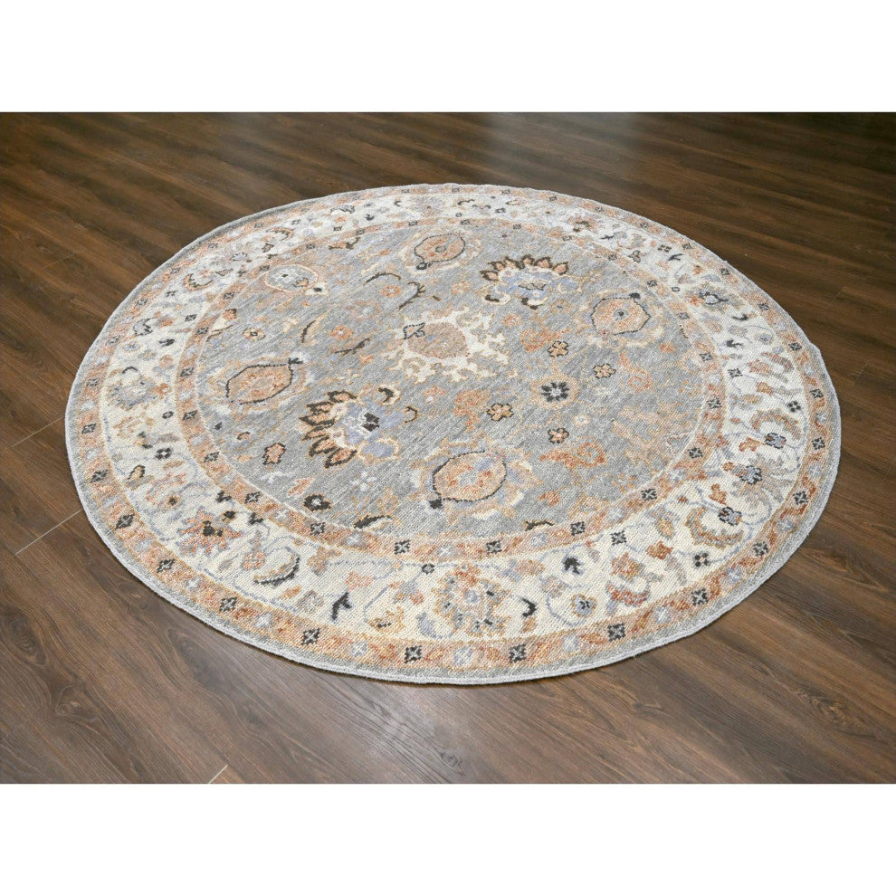 Gray and Ivory, Hand Knotted Oushak Inspired Round Oriental Rug, 7'10"x8'