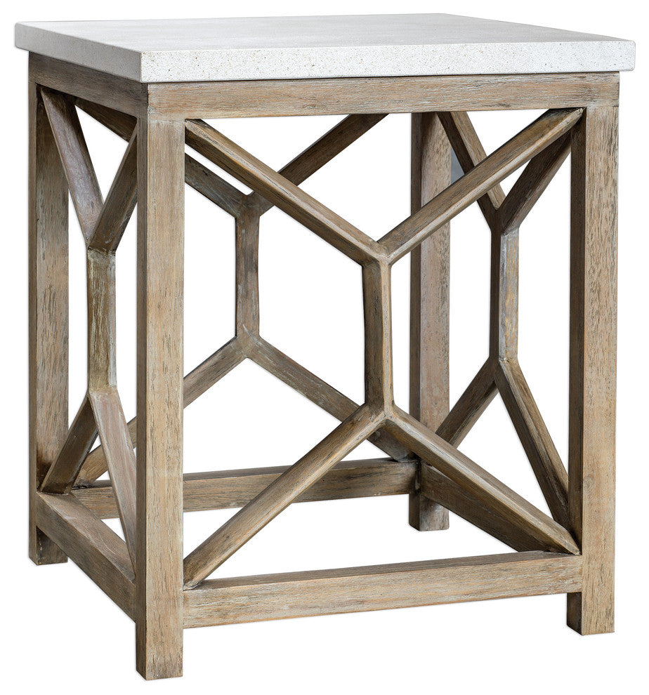 Open Light Weathered Wood Accent Table, Stone TopxNatural Minimalist Square