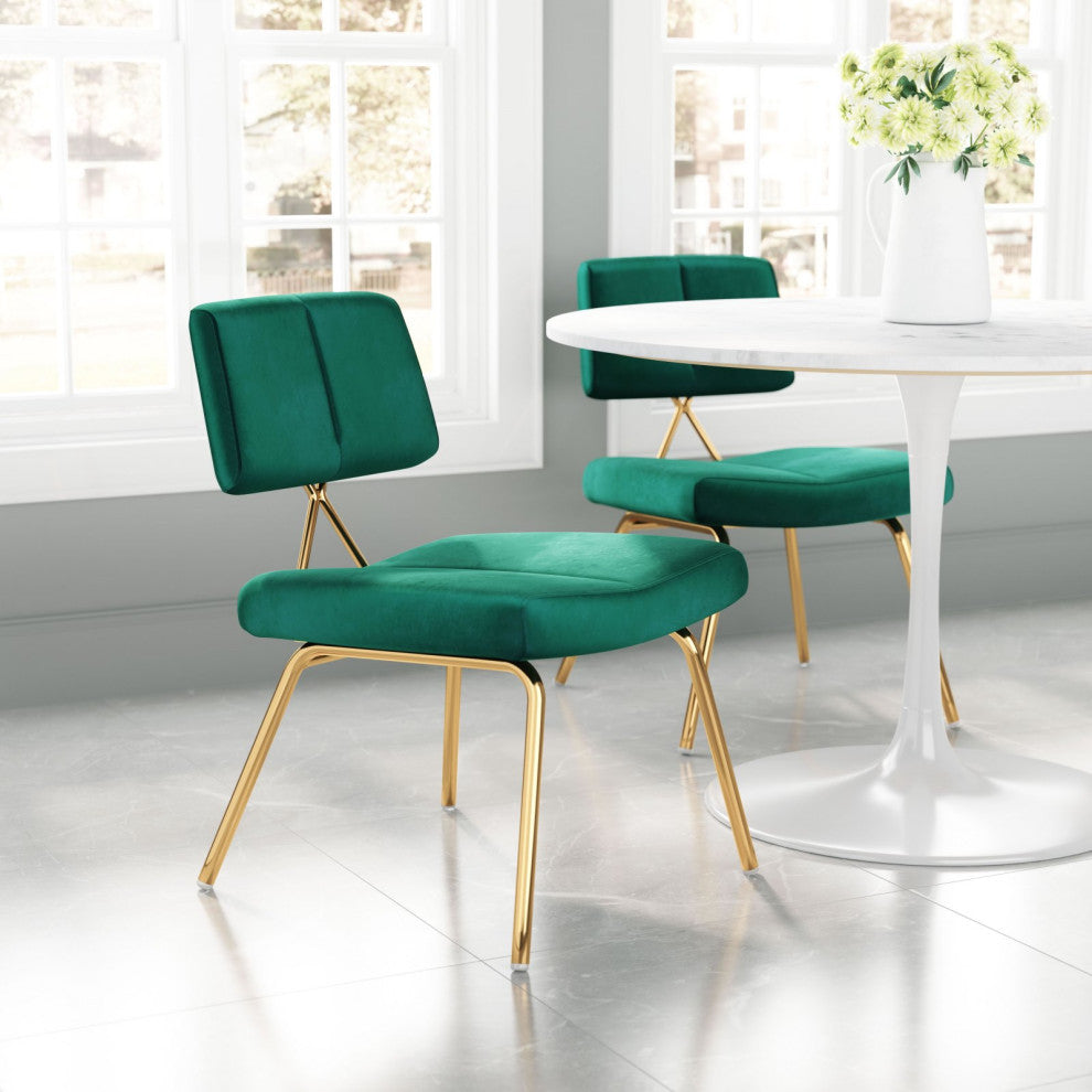 Dining Chair, Set of 2, Steel Metal, Fabric, Green, Gold, Kitchen Cafe Bistro