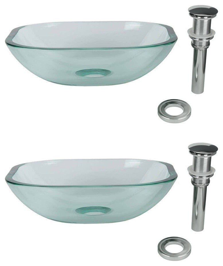 Tempered Glass Vessel Sink with Drain, Clear Square Mini Bowl Sink Pack of 2