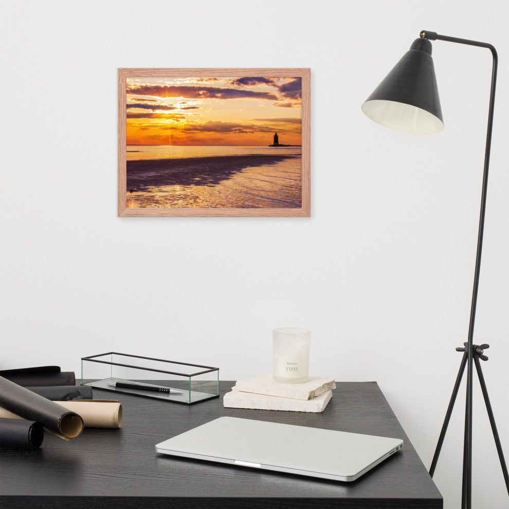 Cape Henlopen at Sunset Coastal Landscape Framed Photo Paper Wall Art Prints, Red Oak, 12" X 16"