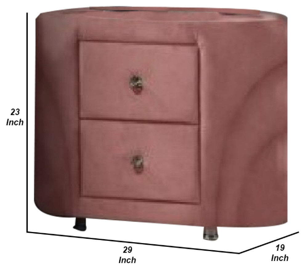 Benzara BM275665 Modern Nightstand, 2 Drawers, Round Metal Knobs, Velvet, Pink