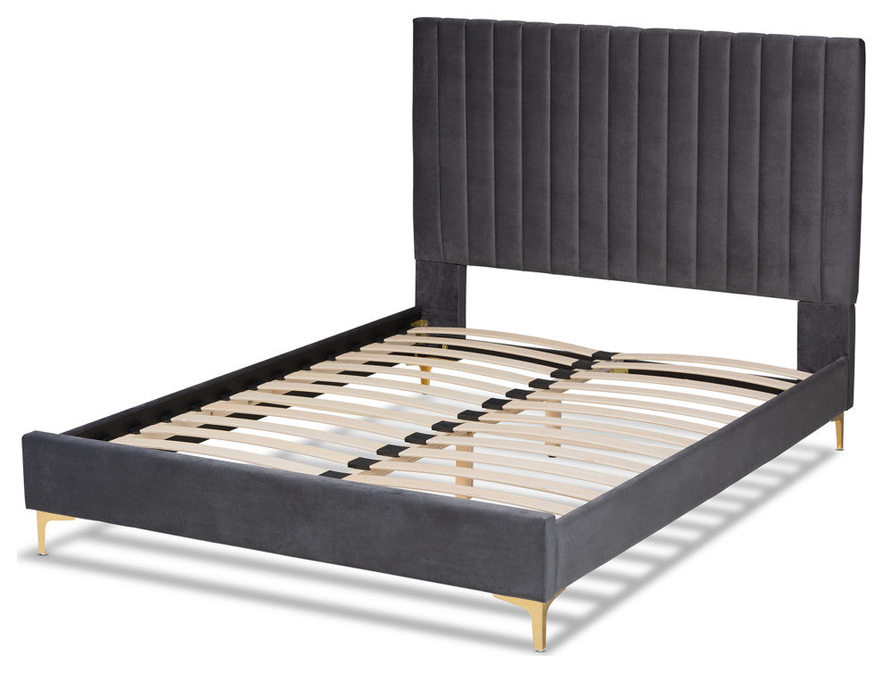 Denica Glam and Luxe Upholstered Platform Bed, Gray/Gold, Queen