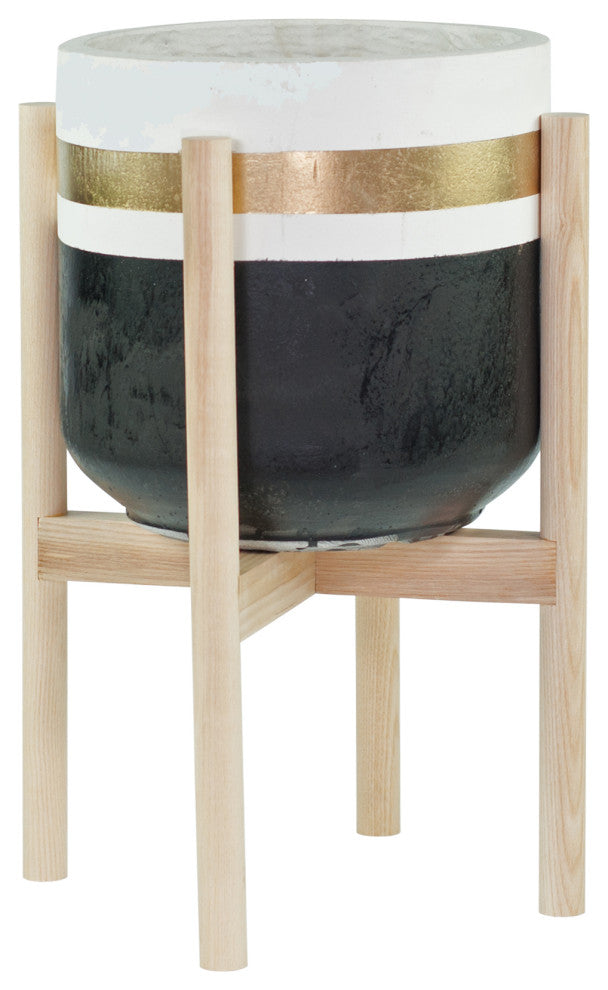 Large Handcrafted Fiber Clay Pot 10'''' With Wood Plant Stand Natural Color(Ash)