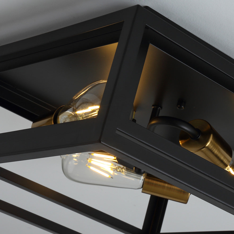 3-Light Farmhouse Caged Geometric Metal Frame Flush Mount Light