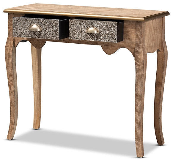 French Provincial Natural Brown Finished Wood and Metal 2-Drawer Console Table