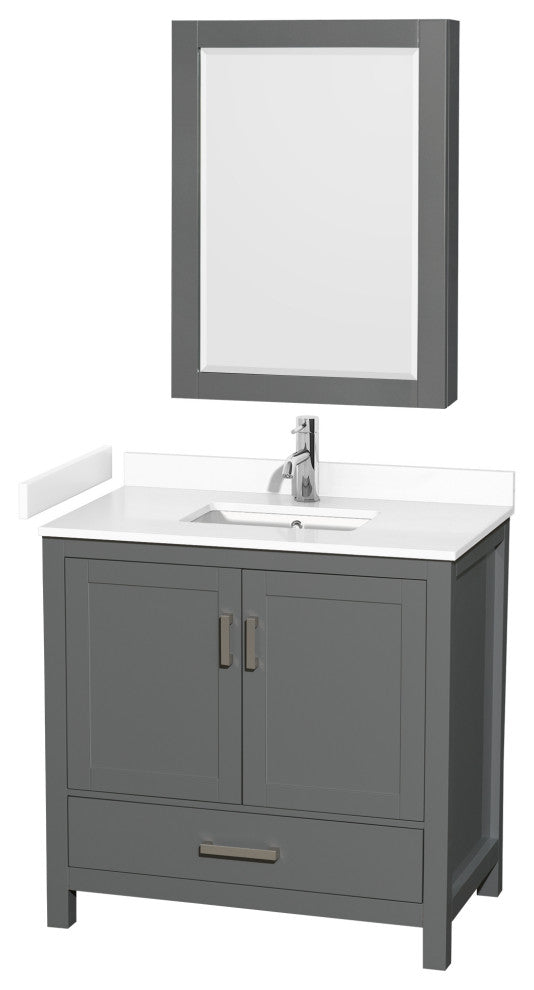 36"SGL Vanity Dark Gray, White Cult. Marble Countertop, Sink, Med. Cabinet