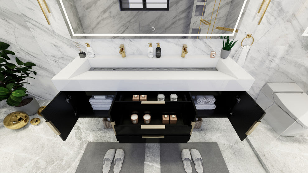 Madison 72" Wall Mounted Double Sink Vanity with Reinforced Acrylic Sink, High Gloss Black