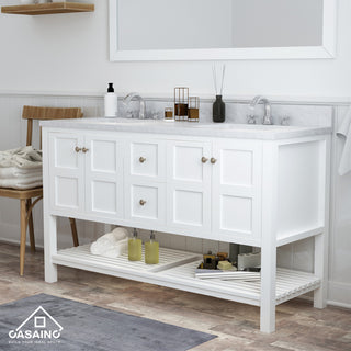 CASAINC 60" Marble Top Luxury Double Sink Bathroom Vanity, White