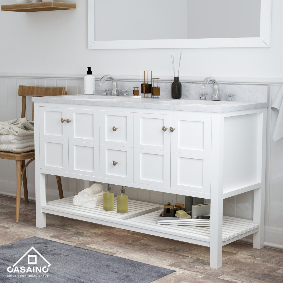 CASAINC 60" Marble Top Luxury Double Sink Bathroom Vanity, White