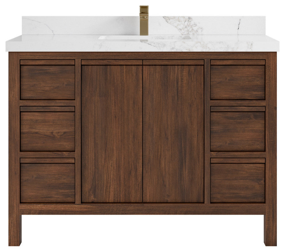 Elizabeth 48 Single Sink Bath Vanity in Dark Walnut Teak 2" Calacatta Nuvo