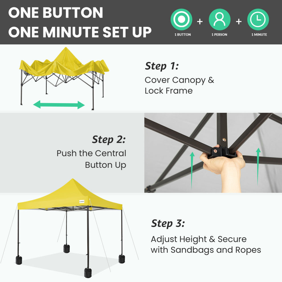 JEAREY Pop Up Canopy Tent, Outdoor Canopy, 4 Sand Bags, Yellow, 10x10ft