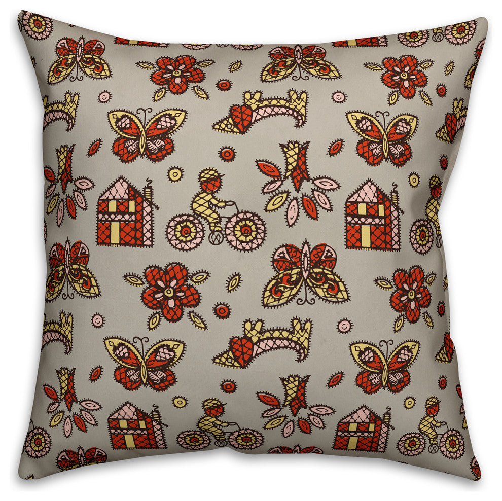 Kids Whimsical Folk Pattern, Red Throw Pillow, 20"x20"