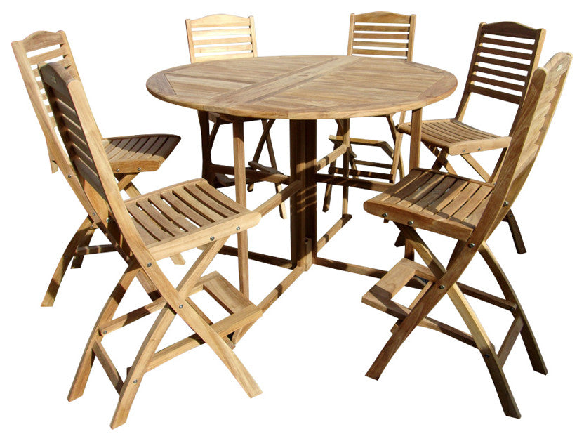 Grade A Teak 59" Round Folding Bar Table With 6 Folding Bar Chairs