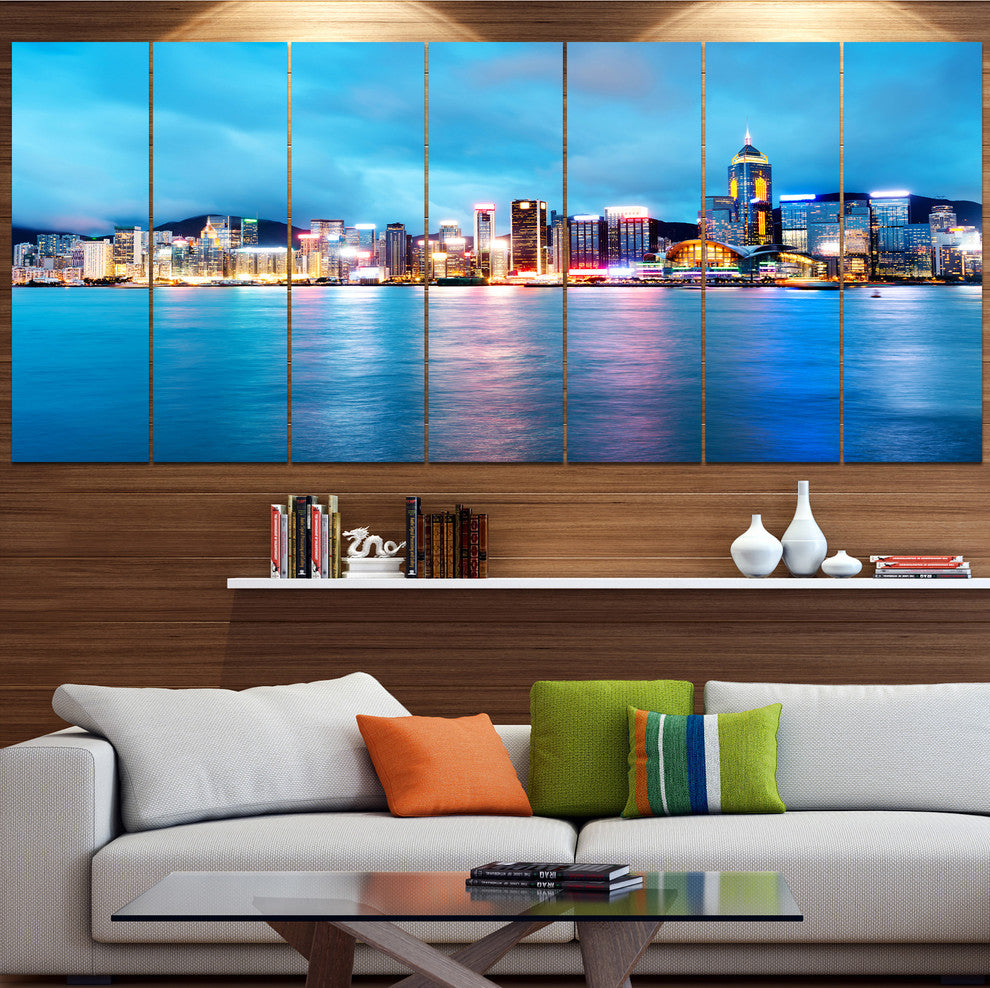 Colorful Hong Kong at Night, Cityscape Canvas Art Print, 83"x32", 7 Panels