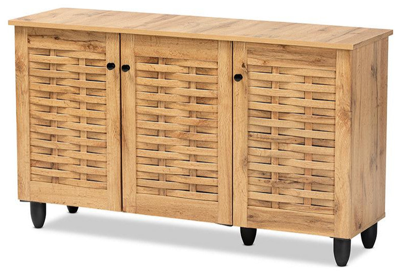 Winda Modern and Contemporary Oak Brown Finished Wood 3-Door Shoe Cabinet