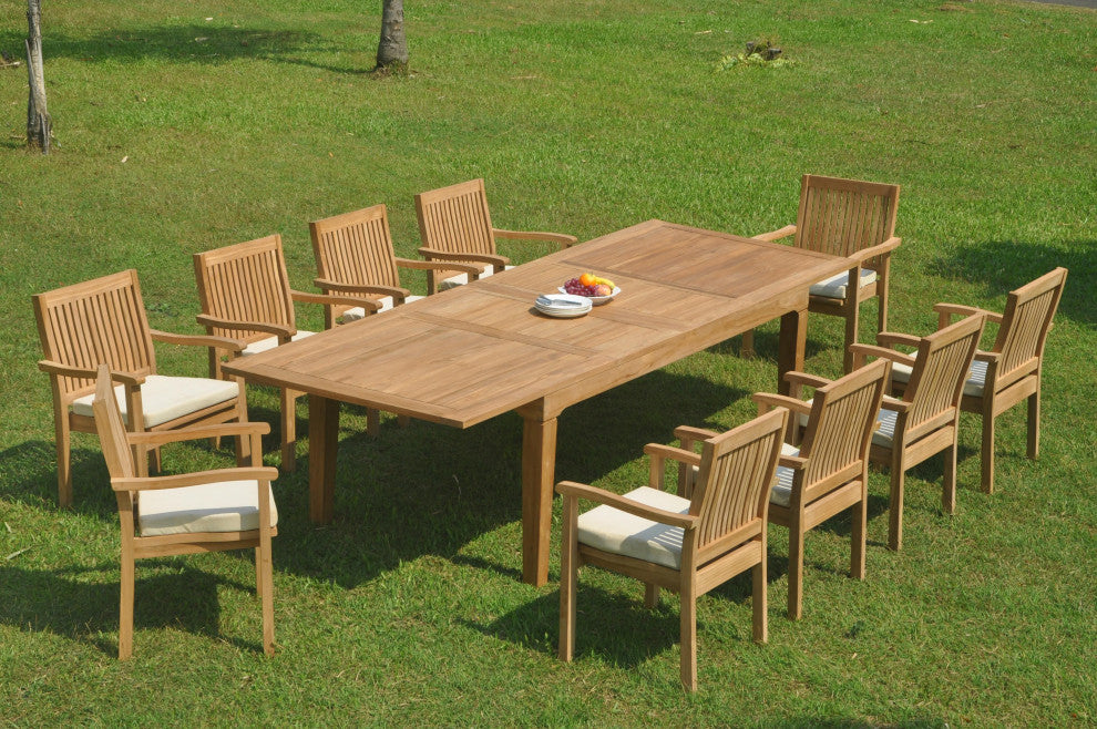 11-Piece Outdoor Teak Dining Set 122" Rectangle Table, 10 Lev Stacking Arm Chair