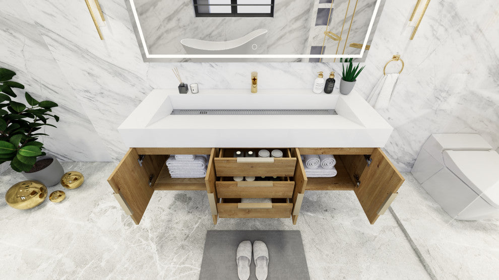 Madison 60" Wall Mounted  Single Sink Vanity with Reinforced Acrylic Sink, Oak