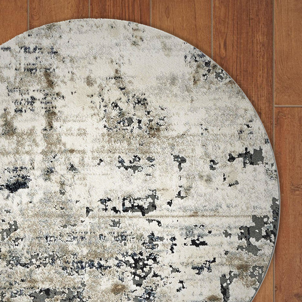 HomeRoots 8' Ivory Teal Machine Woven Abstract Round Indoor Area Rug