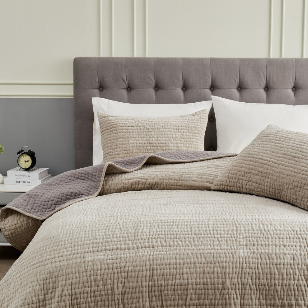 Cotton Velvet Quilt Set, Light Grey, Full/Queen Quilt Set