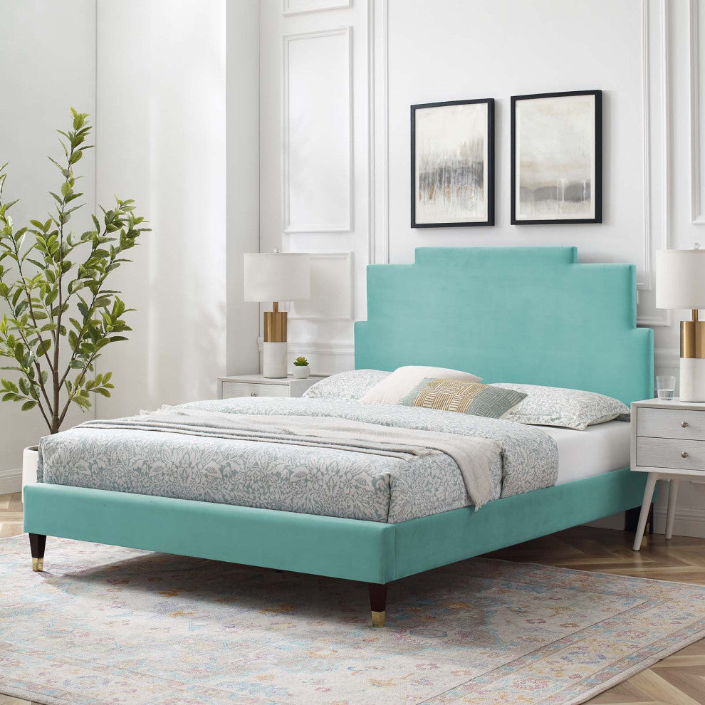 Platform Bed Frame, King Size, Velvet, Blue, Modern Contemporary, Bedroom Master