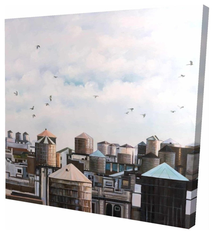Water Towers With Birds, Fine Art Gallery Wrapped Canvas, 24"x24"