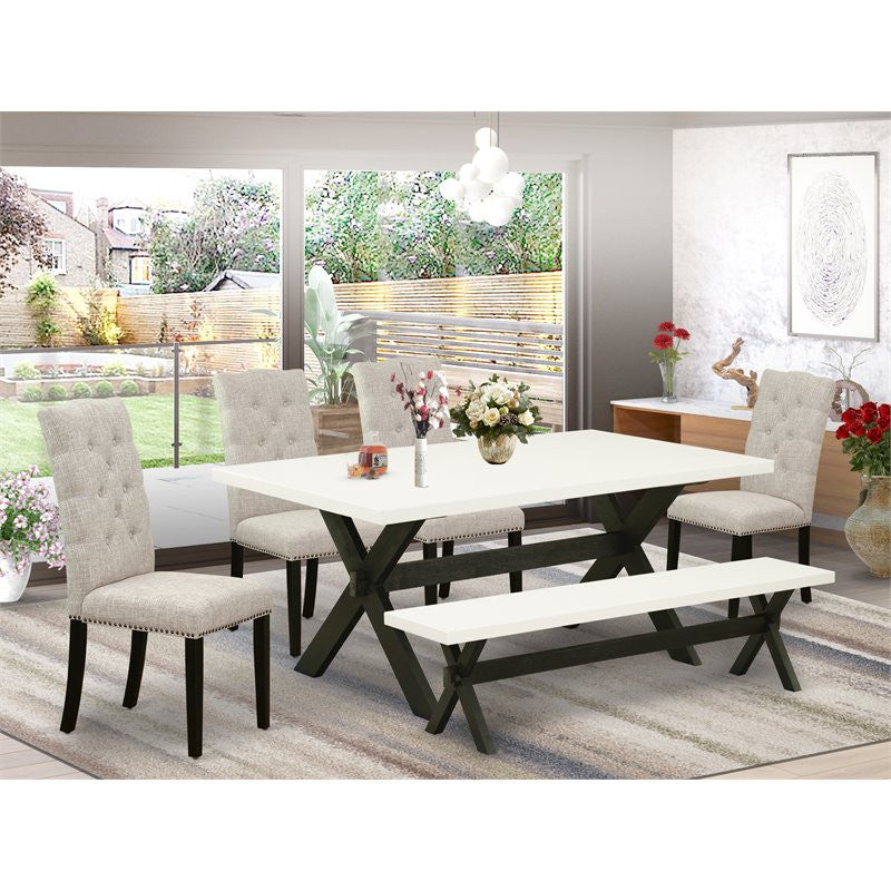 6-Piece Set, Chairs, Bench and Top Table With Wooden Legs-Linen White/Black