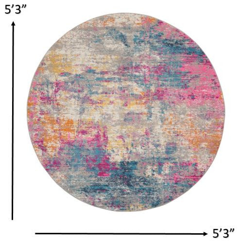 5' Blue And Pink Round Abstract Power Loom Area Rug