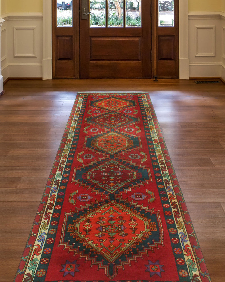 Fine Vintage Distressed Rainier Red/Navy Runner, 3'4x11'0