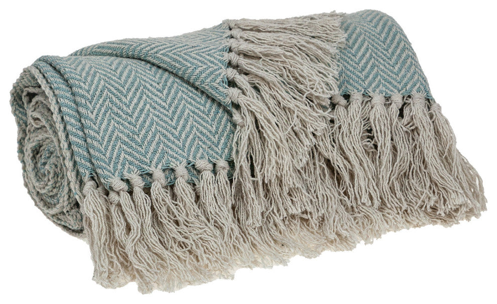 Handloomed Pale Aqua Cotton Throw Blanket With Tassels