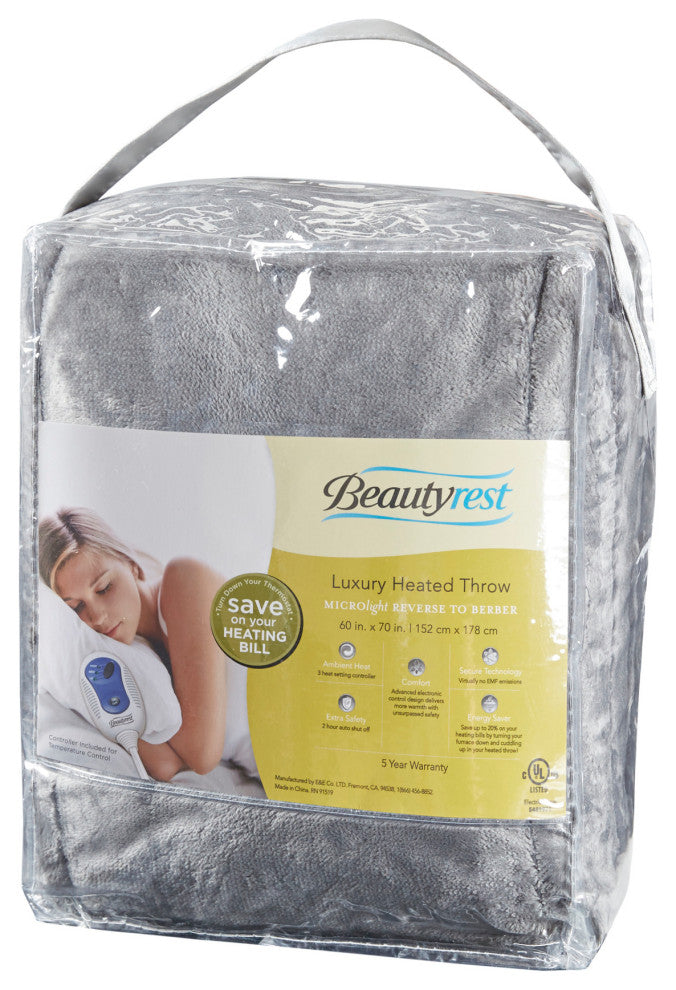 Beautyrest Microlight And Berber Solid Heated Throw, Gray