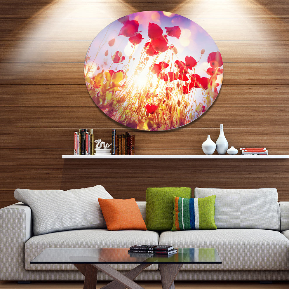 Poppy Flowers On Blue Background, Flower Disc Metal Artwork, 11"