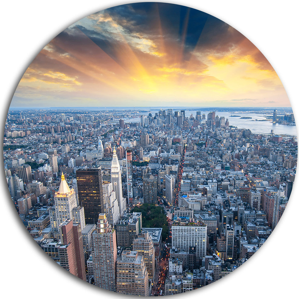Aerial View Of Nyc Skyscrapers, Cityscape Round Metal Wall Art, 11"