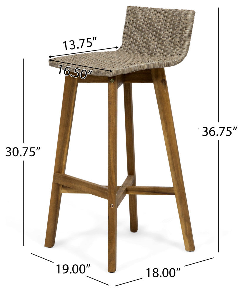 Jessie Outdoor Wood and Wicker Barstool, Set of 4, Light Brown, Teak Finish